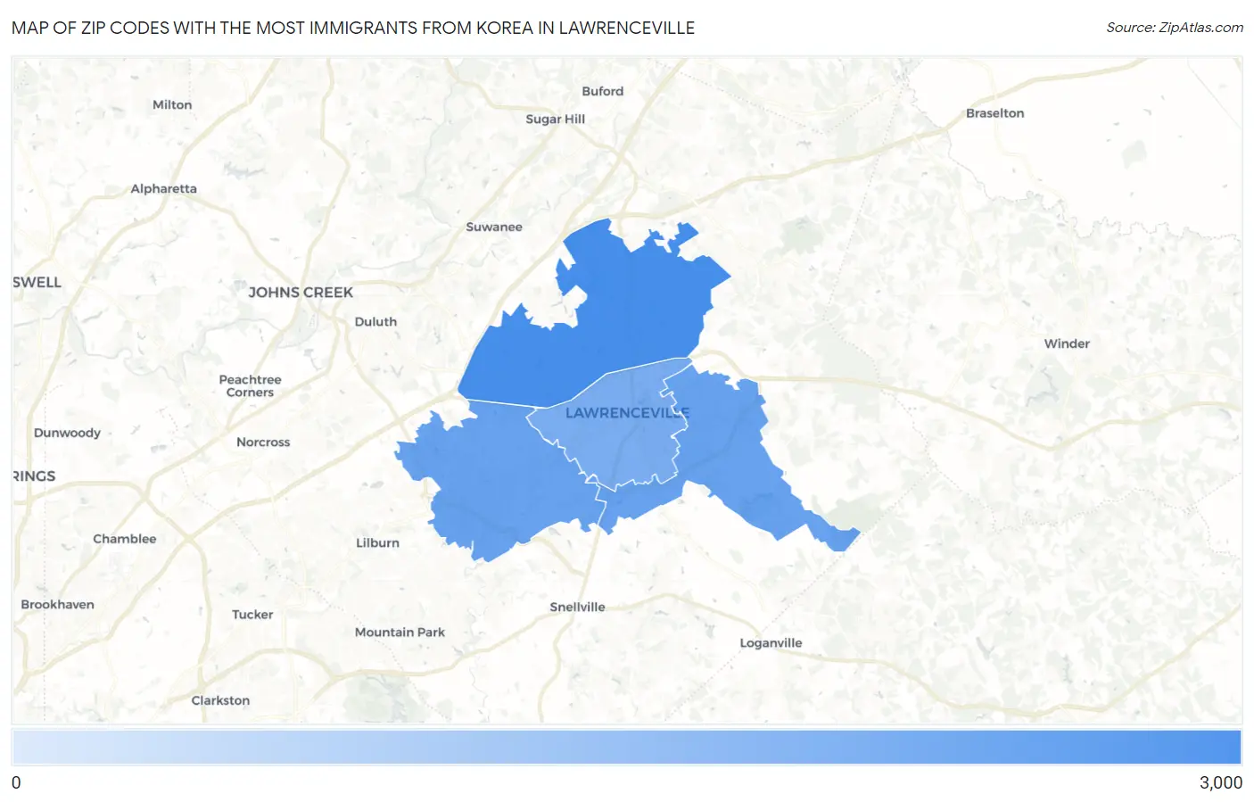Zip Codes with the Most Immigrants from Korea in Lawrenceville Map