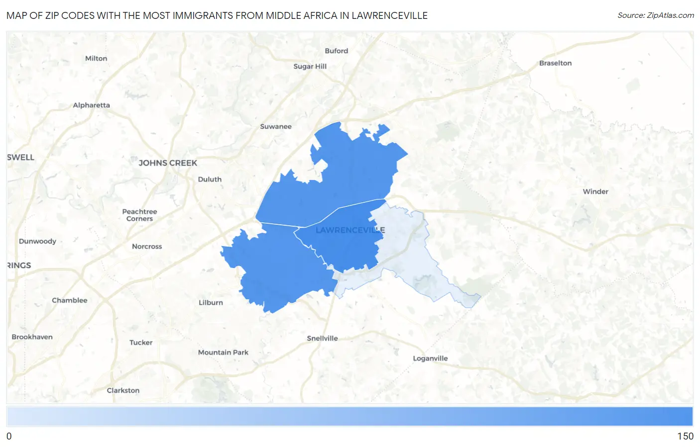 Zip Codes with the Most Immigrants from Middle Africa in Lawrenceville Map