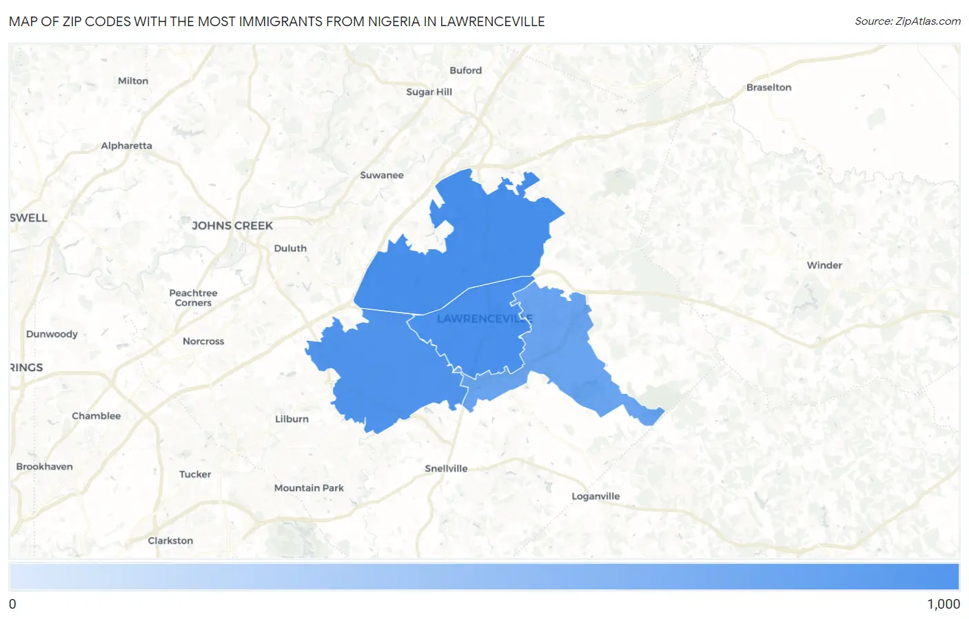 Zip Codes with the Most Immigrants from Nigeria in Lawrenceville Map