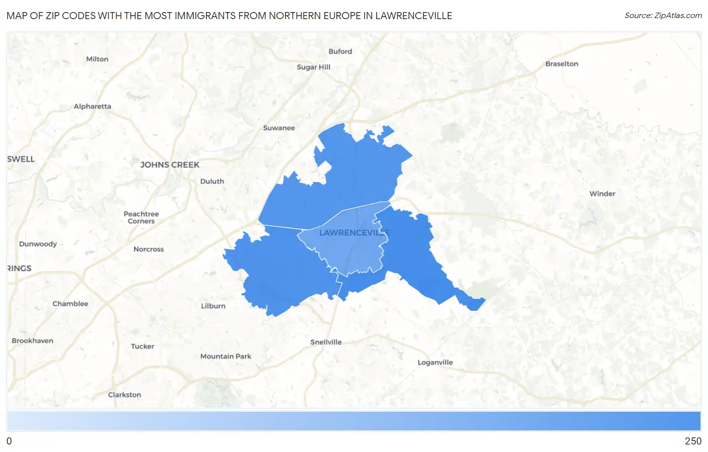 Zip Codes with the Most Immigrants from Northern Europe in Lawrenceville Map