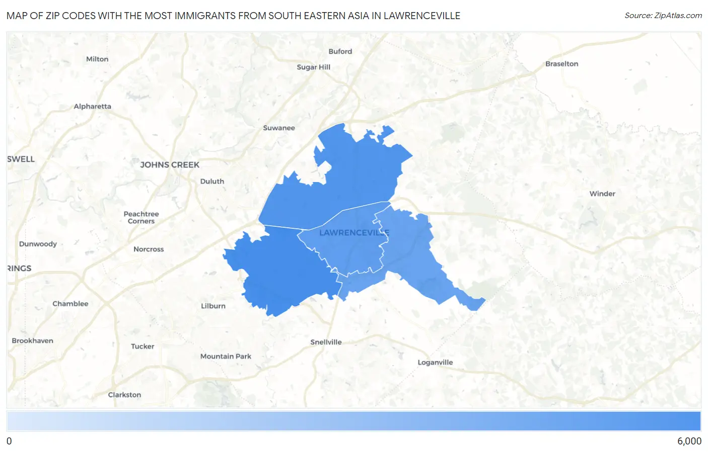 Zip Codes with the Most Immigrants from South Eastern Asia in Lawrenceville Map