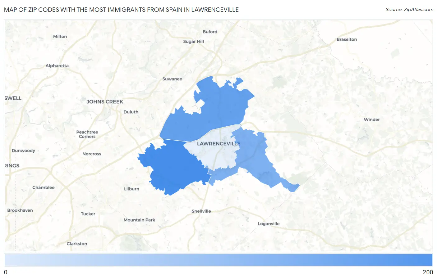 Zip Codes with the Most Immigrants from Spain in Lawrenceville Map