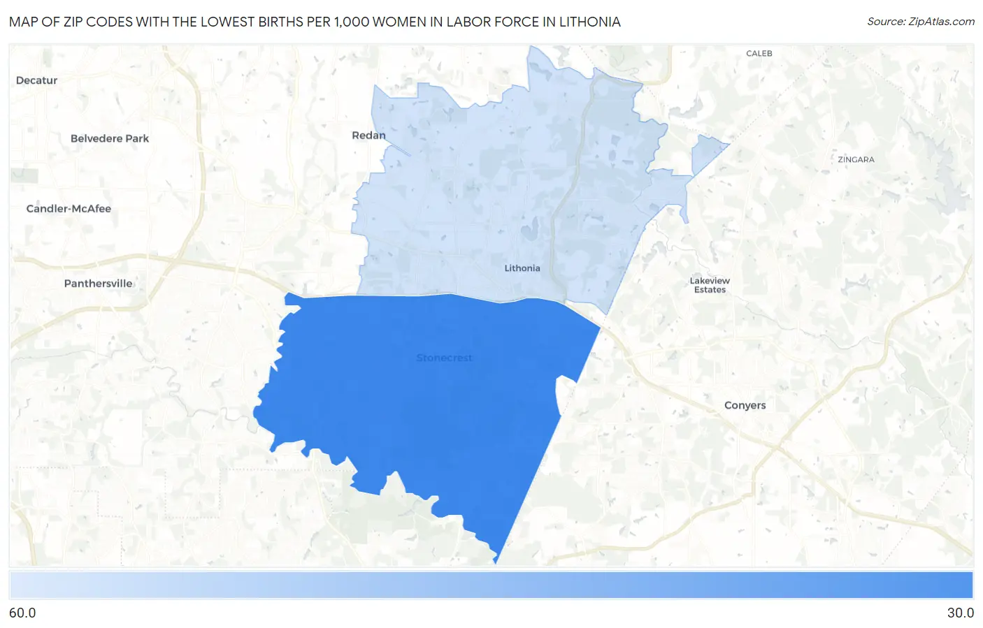 Zip Codes with the Lowest Births per 1,000 Women in Labor Force in Lithonia Map