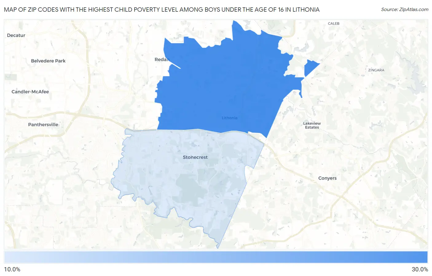Zip Codes with the Highest Child Poverty Level Among Boys Under the Age of 16 in Lithonia Map
