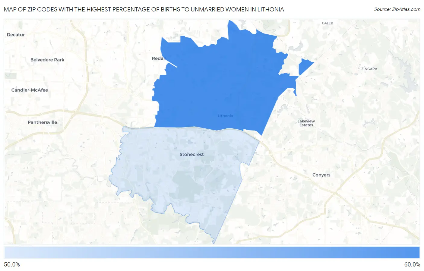 Zip Codes with the Highest Percentage of Births to Unmarried Women in Lithonia Map