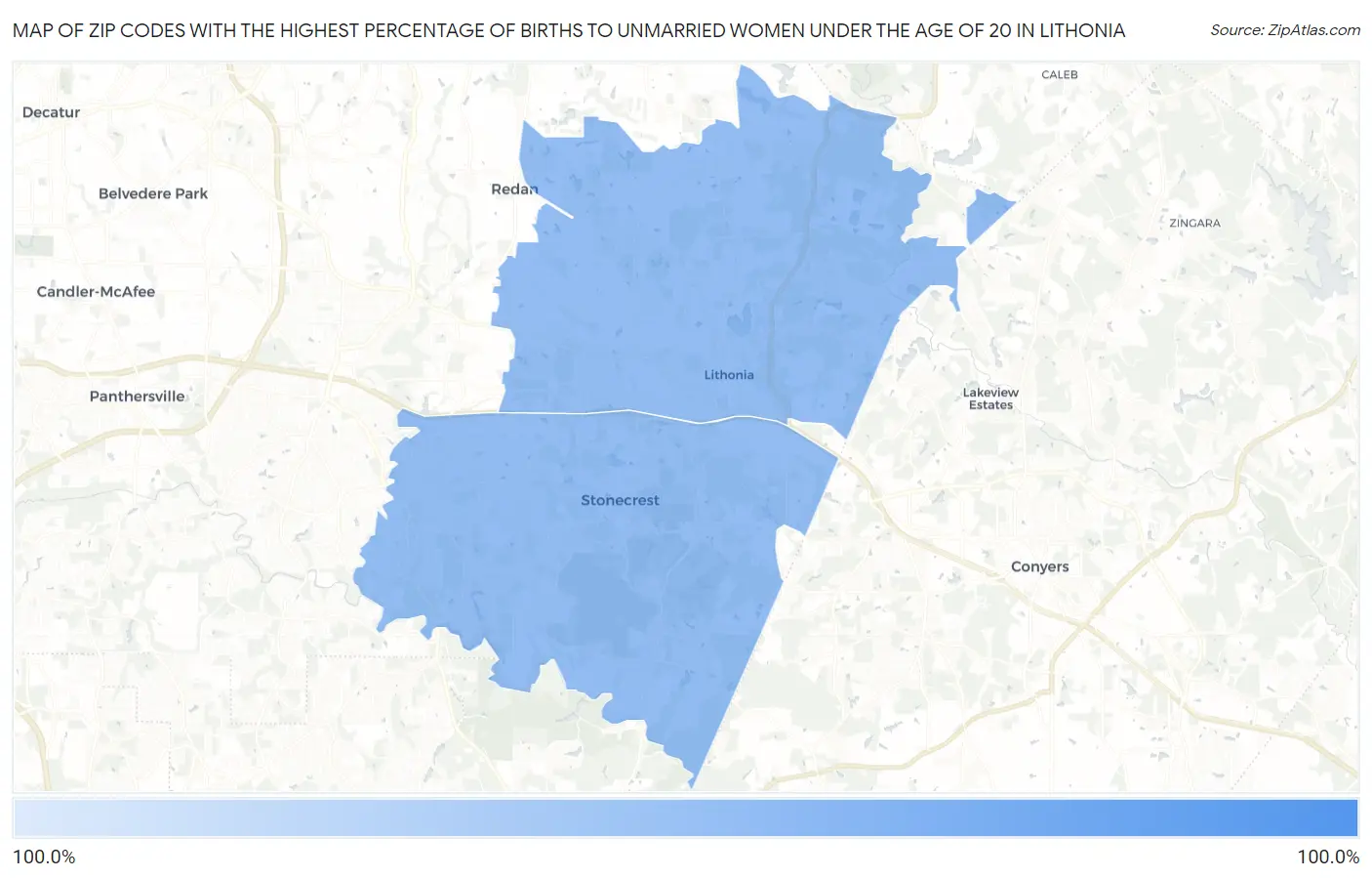 Zip Codes with the Highest Percentage of Births to Unmarried Women under the Age of 20 in Lithonia Map