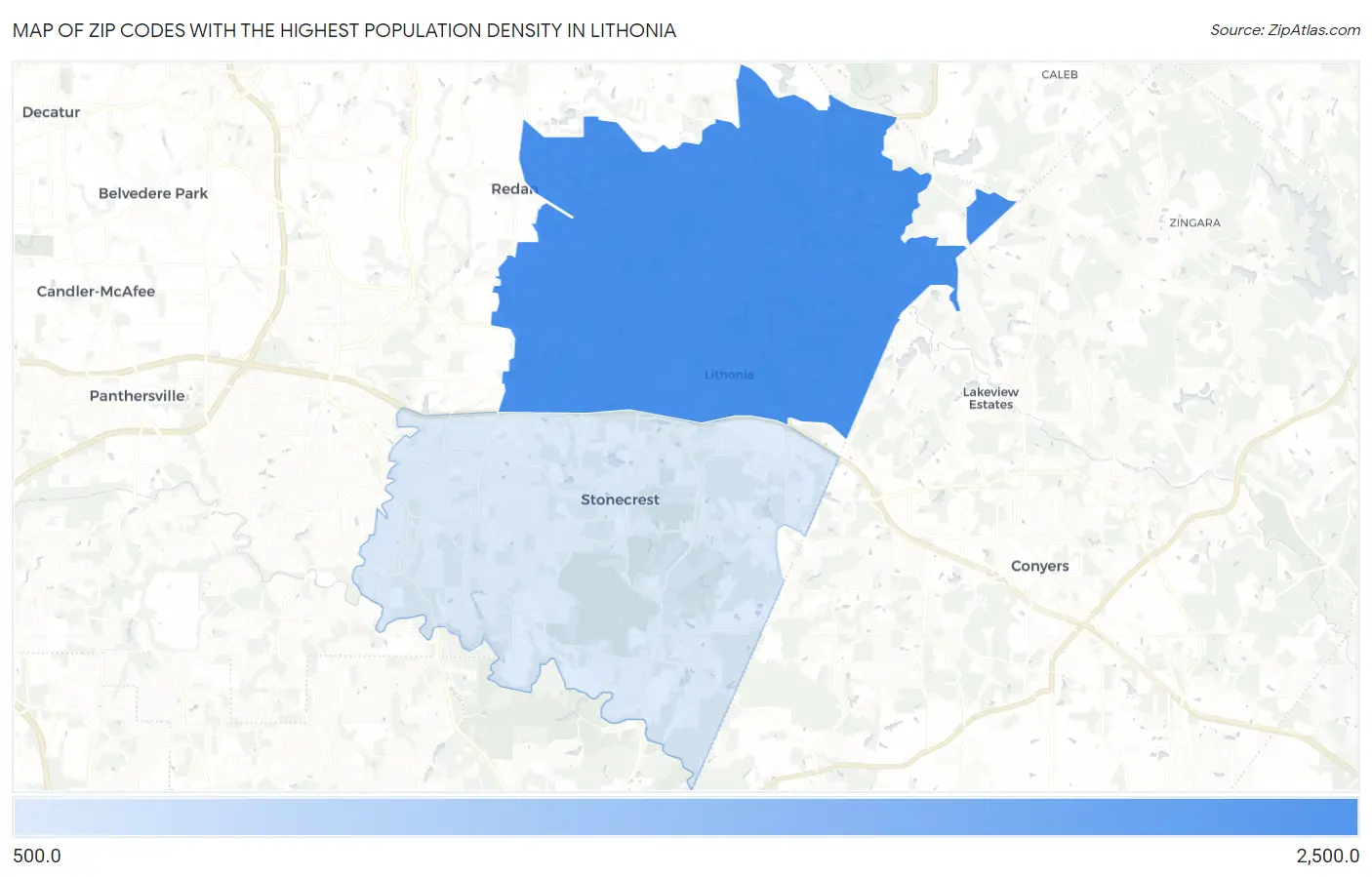 Zip Codes with the Highest Population Density in Lithonia Map