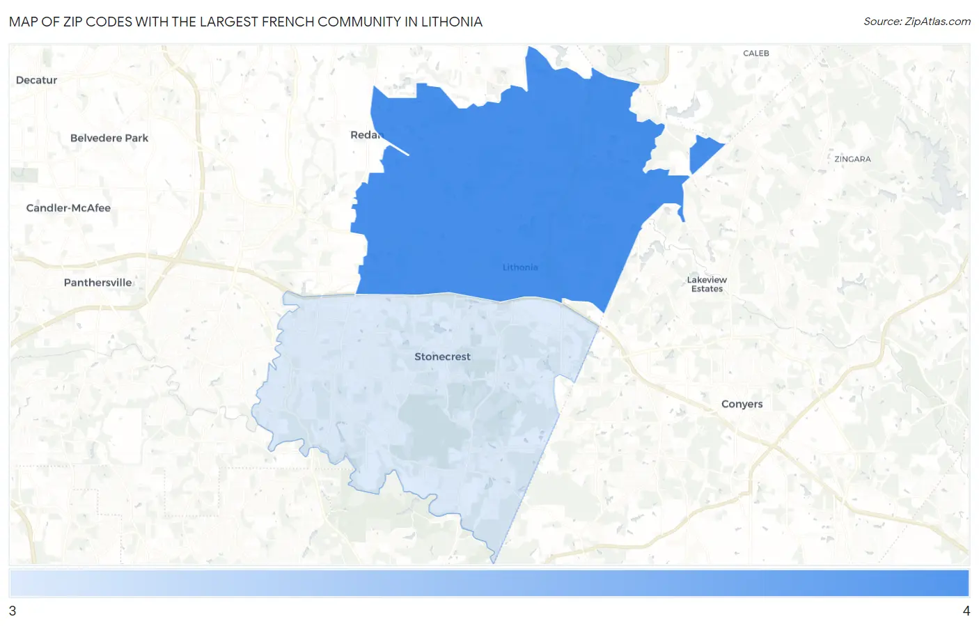 Zip Codes with the Largest French Community in Lithonia Map