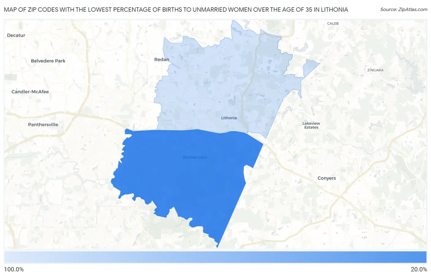 Zip Codes with the Lowest Percentage of Births to Unmarried Women over the Age of 35 in Lithonia Map