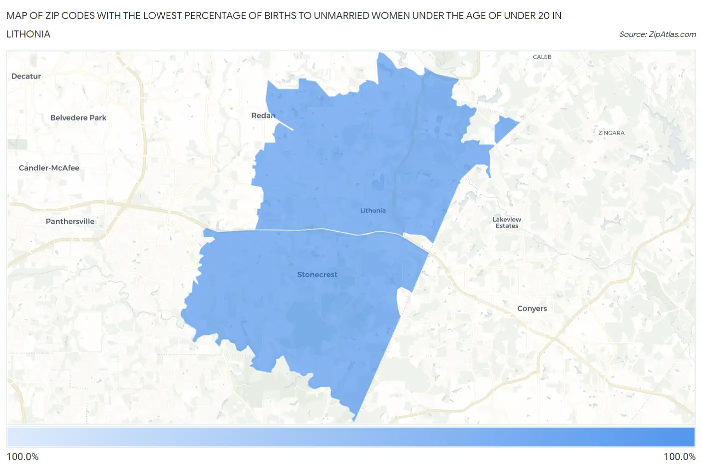 Zip Codes with the Lowest Percentage of Births to Unmarried Women under the Age of under 20 in Lithonia Map