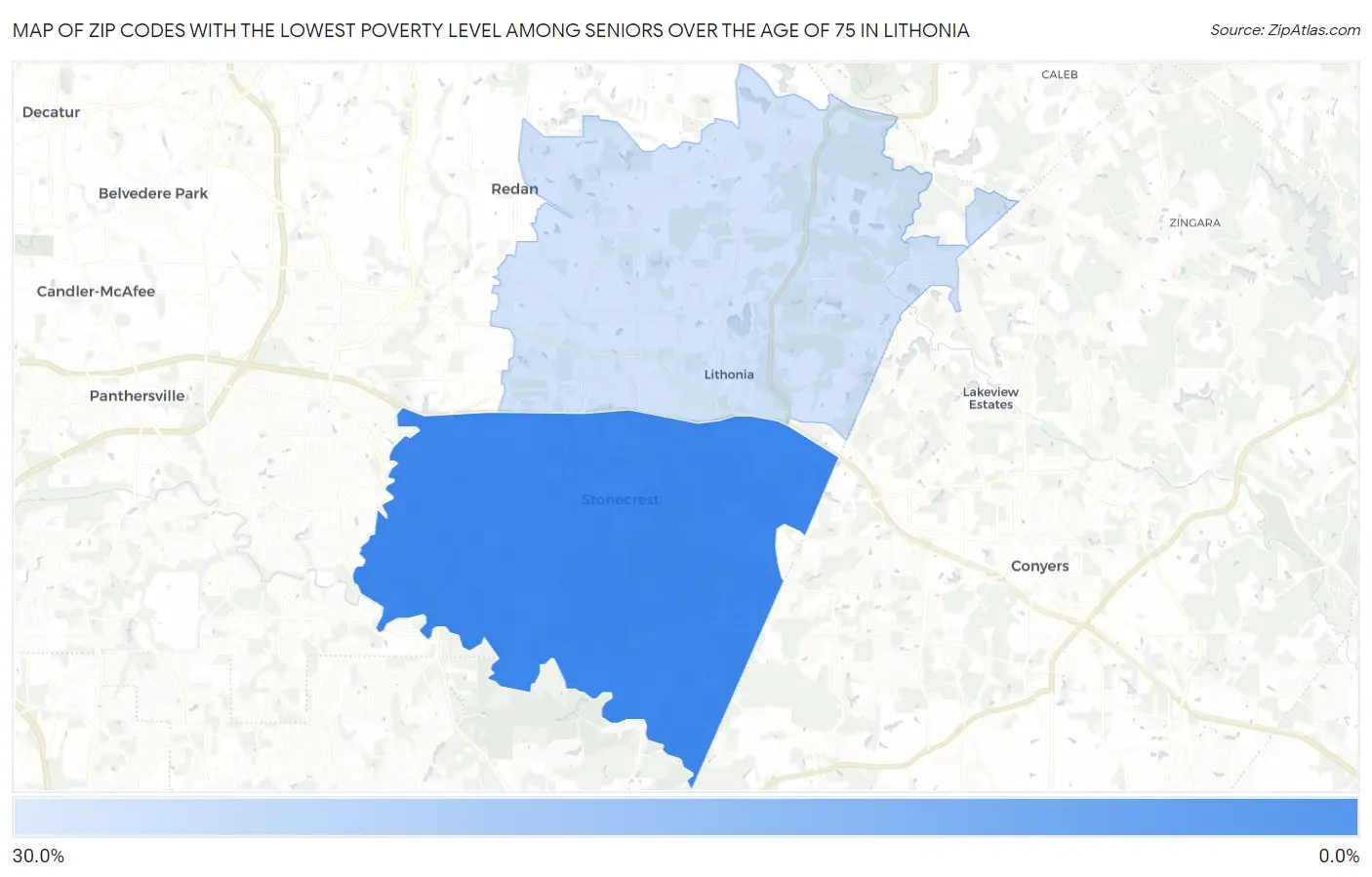 Zip Codes with the Lowest Poverty Level Among Seniors Over the Age of 75 in Lithonia Map