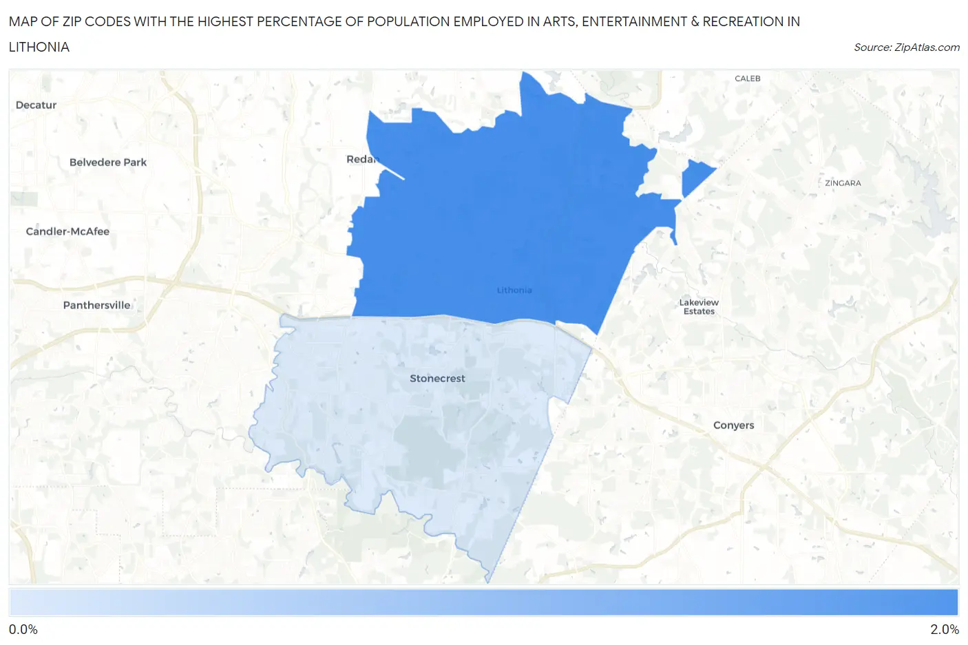 Zip Codes with the Highest Percentage of Population Employed in Arts, Entertainment & Recreation in Lithonia Map