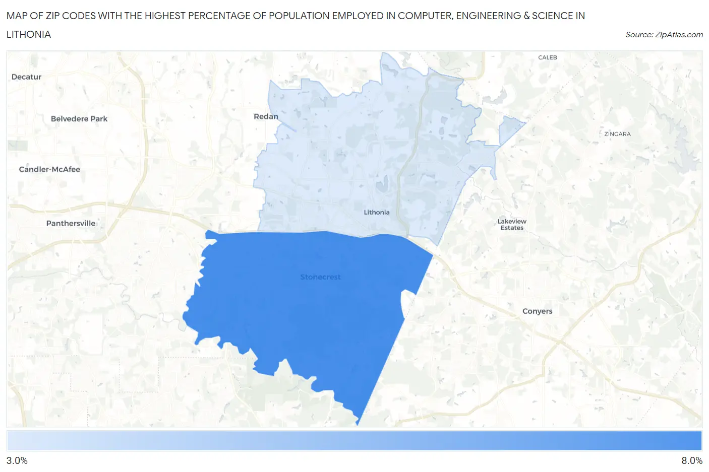 Zip Codes with the Highest Percentage of Population Employed in Computer, Engineering & Science in Lithonia Map