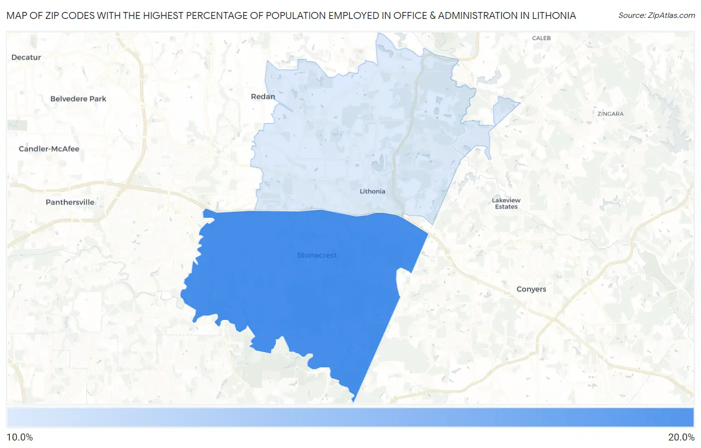 Zip Codes with the Highest Percentage of Population Employed in Office & Administration in Lithonia Map