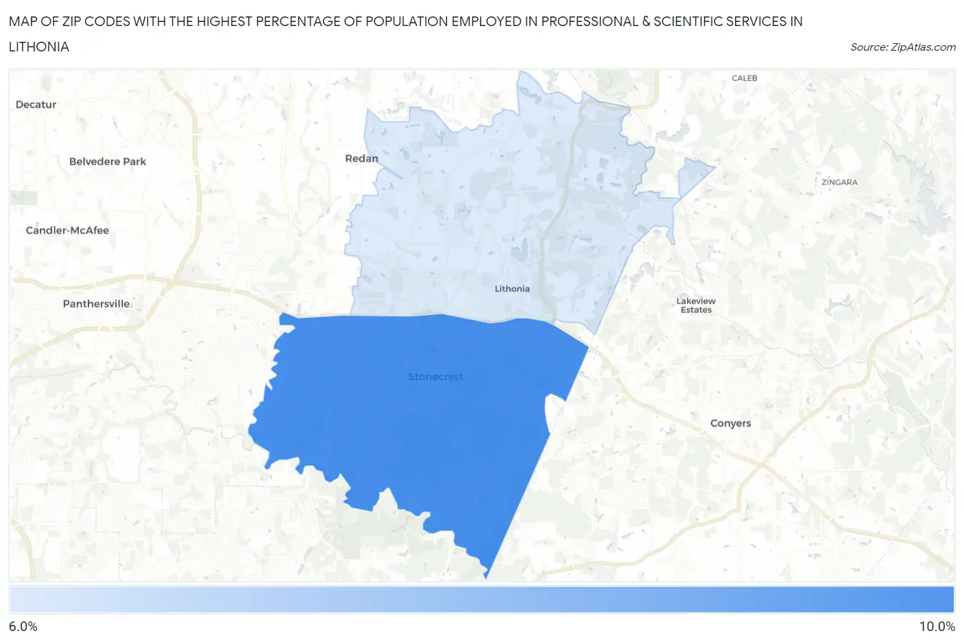 Zip Codes with the Highest Percentage of Population Employed in Professional & Scientific Services in Lithonia Map