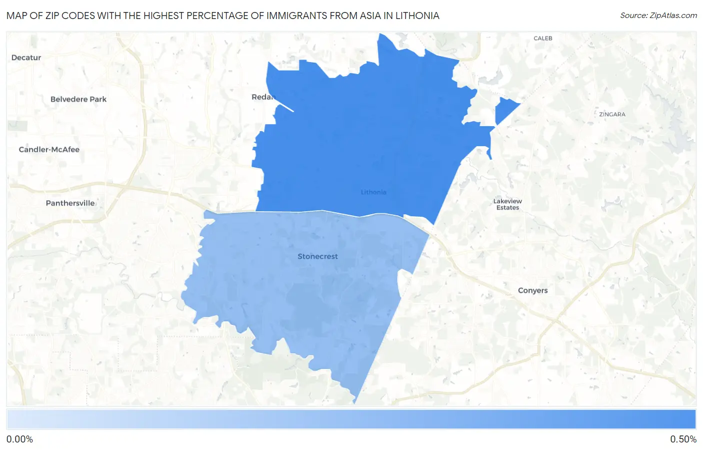 Zip Codes with the Highest Percentage of Immigrants from Asia in Lithonia Map