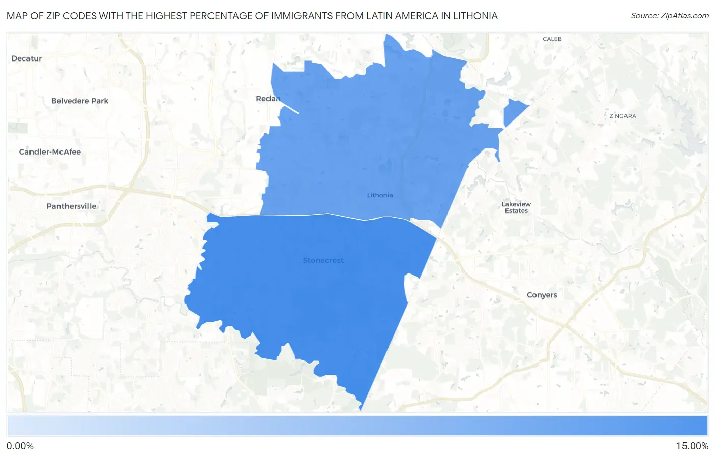 Zip Codes with the Highest Percentage of Immigrants from Latin America in Lithonia Map
