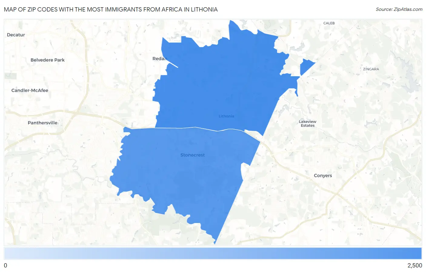 Zip Codes with the Most Immigrants from Africa in Lithonia Map