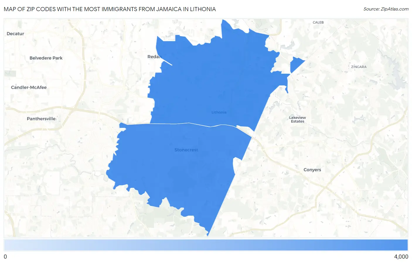 Zip Codes with the Most Immigrants from Jamaica in Lithonia Map