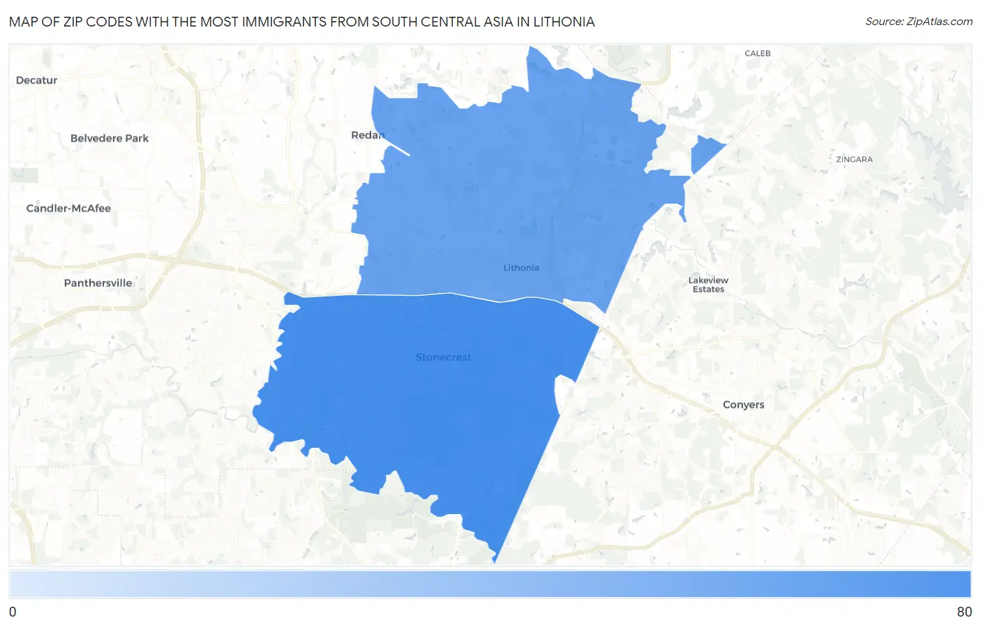 Zip Codes with the Most Immigrants from South Central Asia in Lithonia Map