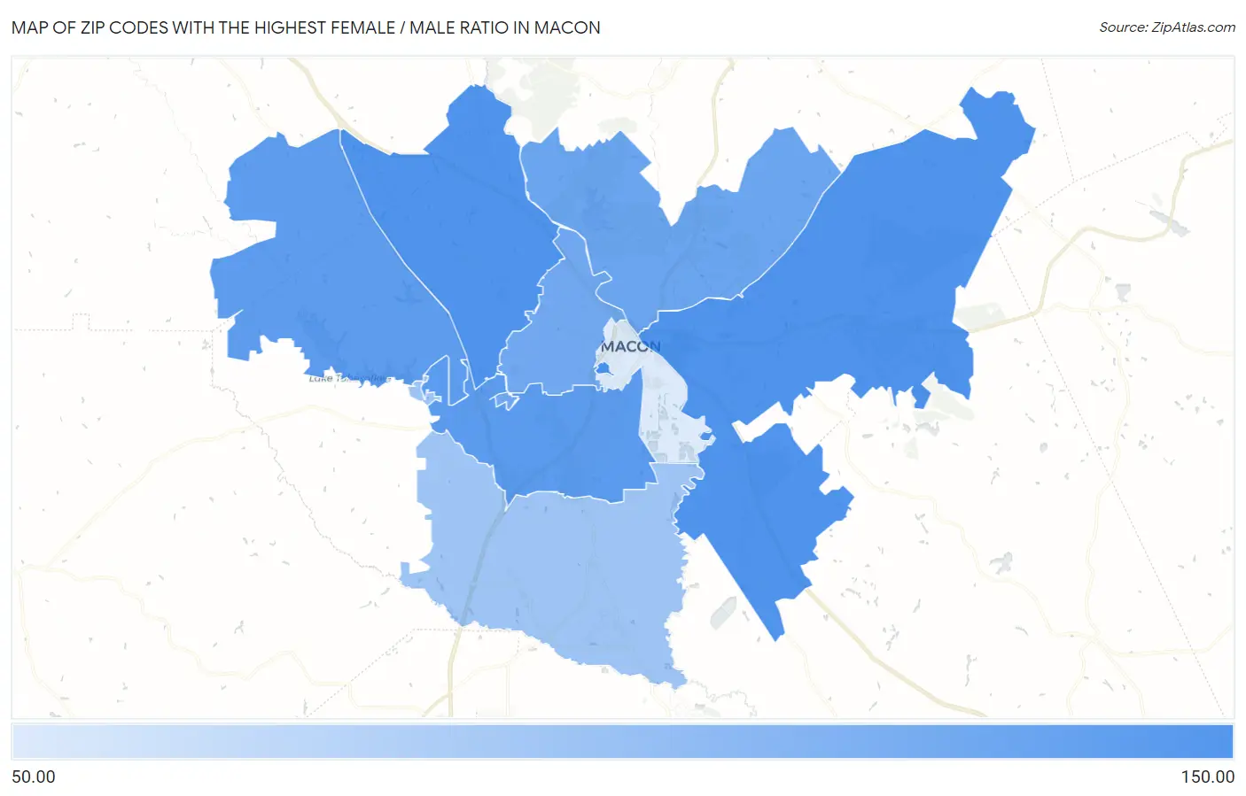 Zip Codes with the Highest Female / Male Ratio in Macon Map