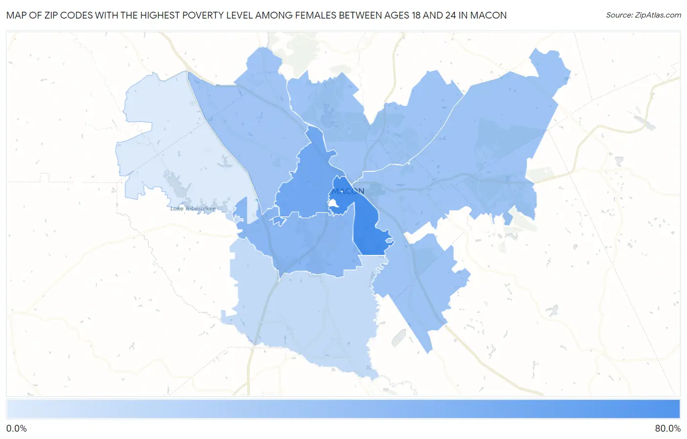 Zip Codes with the Highest Poverty Level Among Females Between Ages 18 and 24 in Macon Map