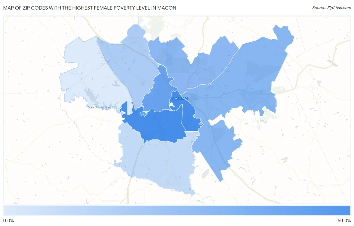 Zip Codes with the Highest Female Poverty Level in Macon Map