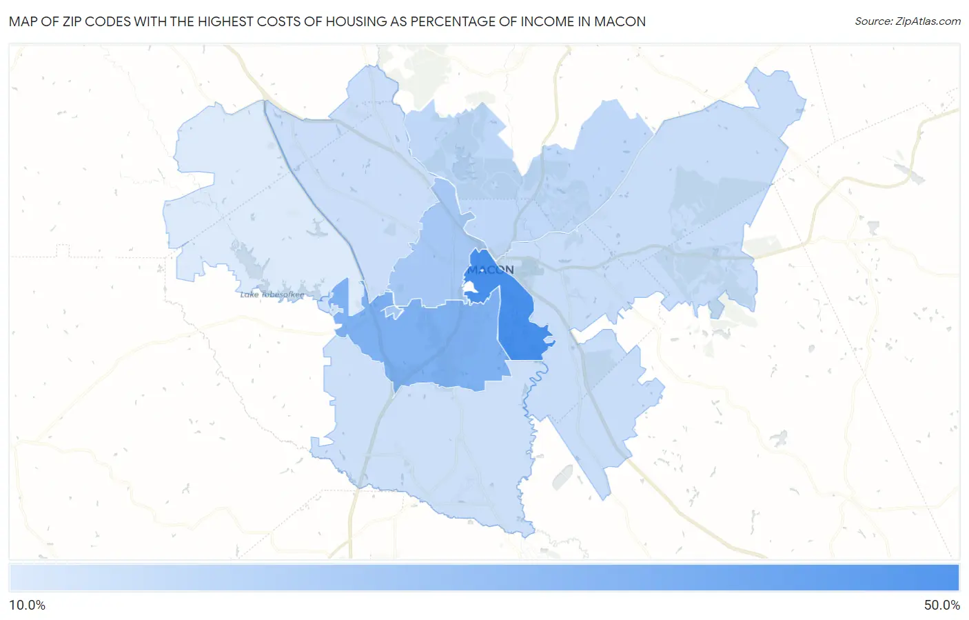 Zip Codes with the Highest Costs of Housing as Percentage of Income in Macon Map