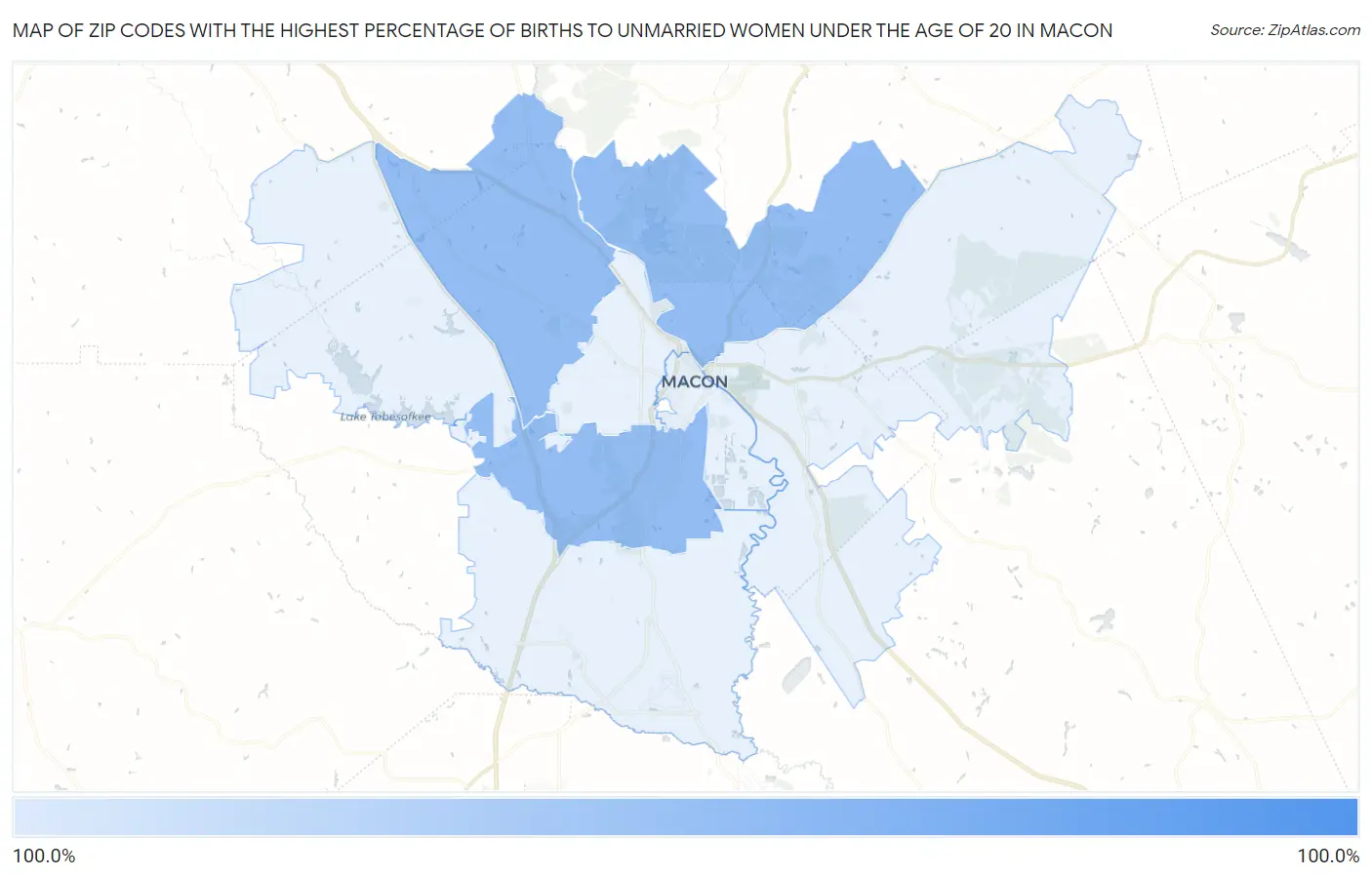 Zip Codes with the Highest Percentage of Births to Unmarried Women under the Age of 20 in Macon Map
