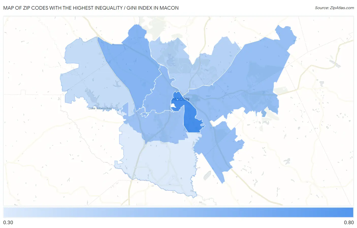 Zip Codes with the Highest Inequality / Gini Index in Macon Map