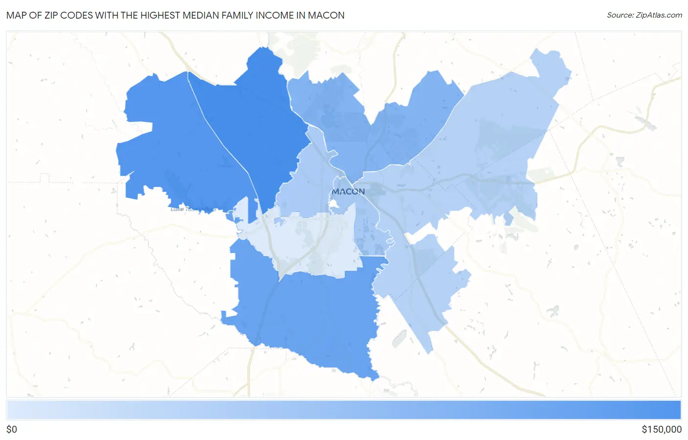 Zip Codes with the Highest Median Family Income in Macon Map