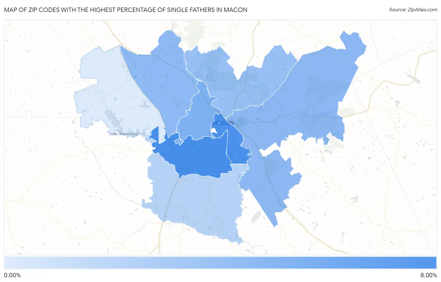 Zip Codes with the Highest Percentage of Single Fathers in Macon Map
