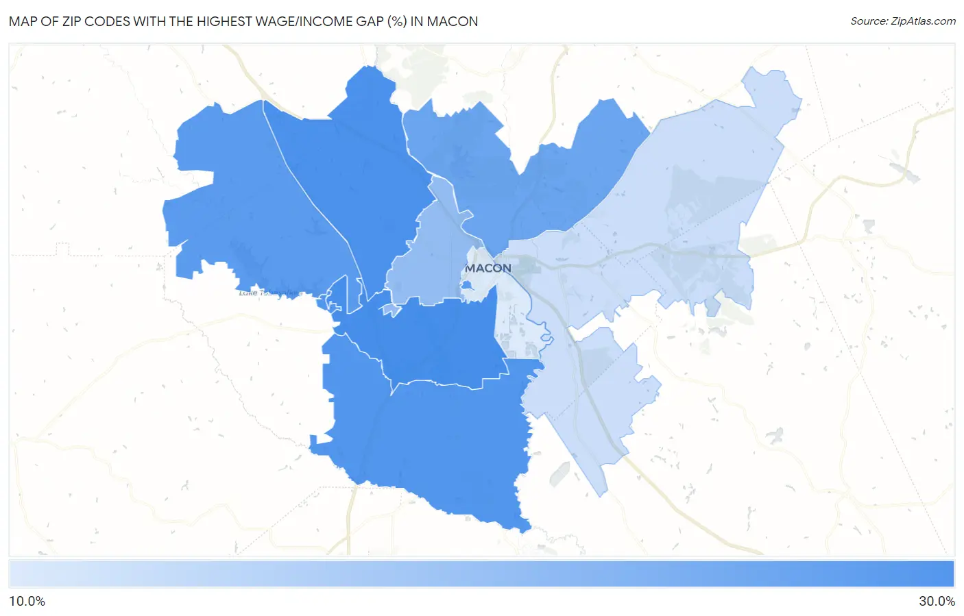 Zip Codes with the Highest Wage/Income Gap (%) in Macon Map