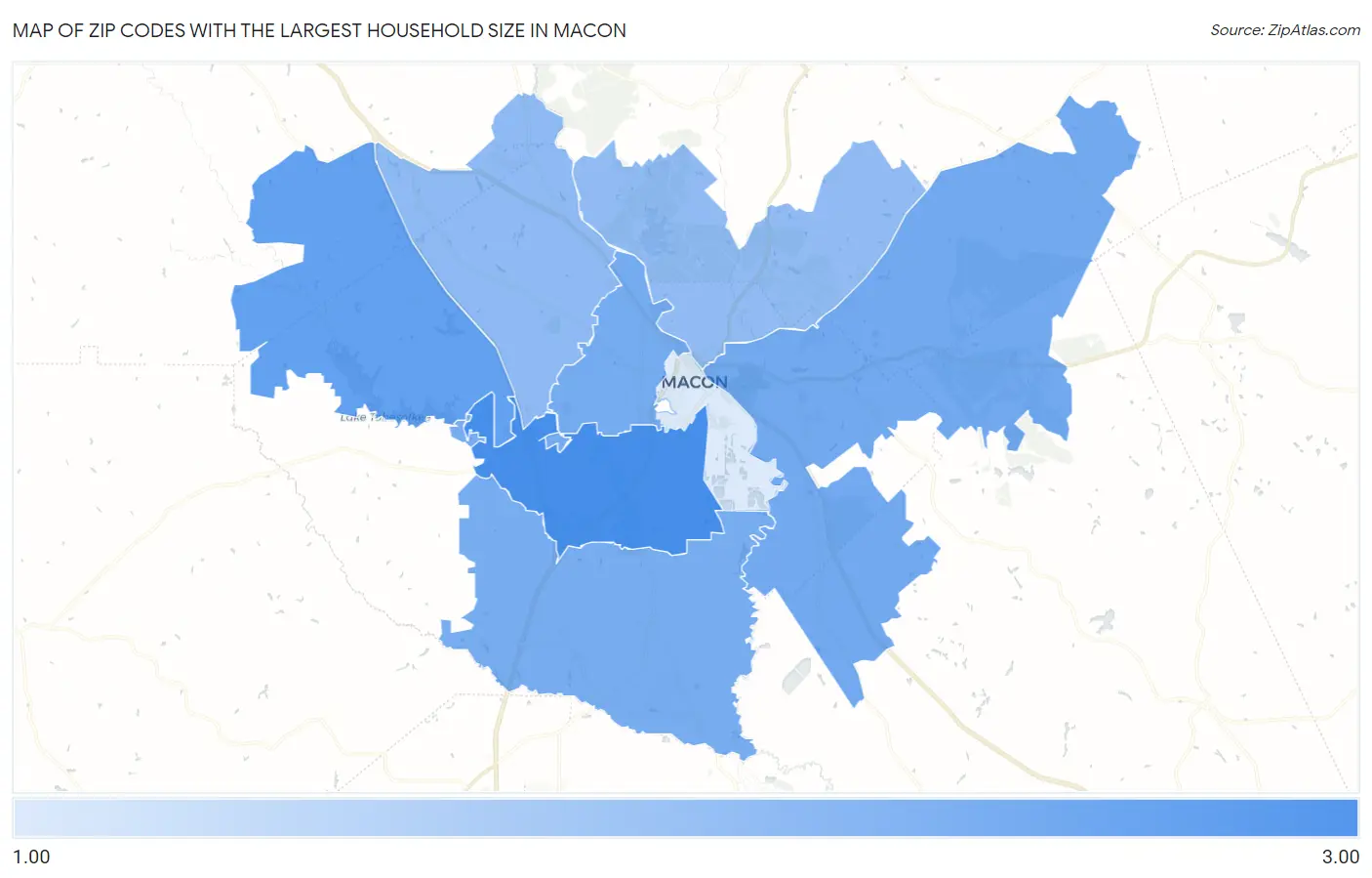 Zip Codes with the Largest Household Size in Macon Map