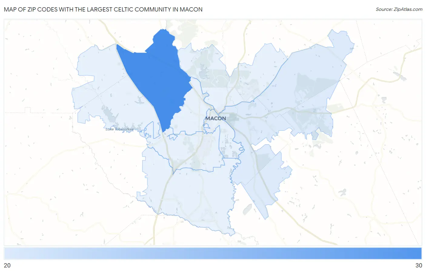 Zip Codes with the Largest Celtic Community in Macon Map