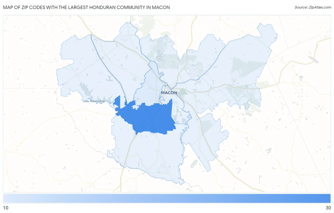 Zip Codes with the Largest Honduran Community in Macon Map