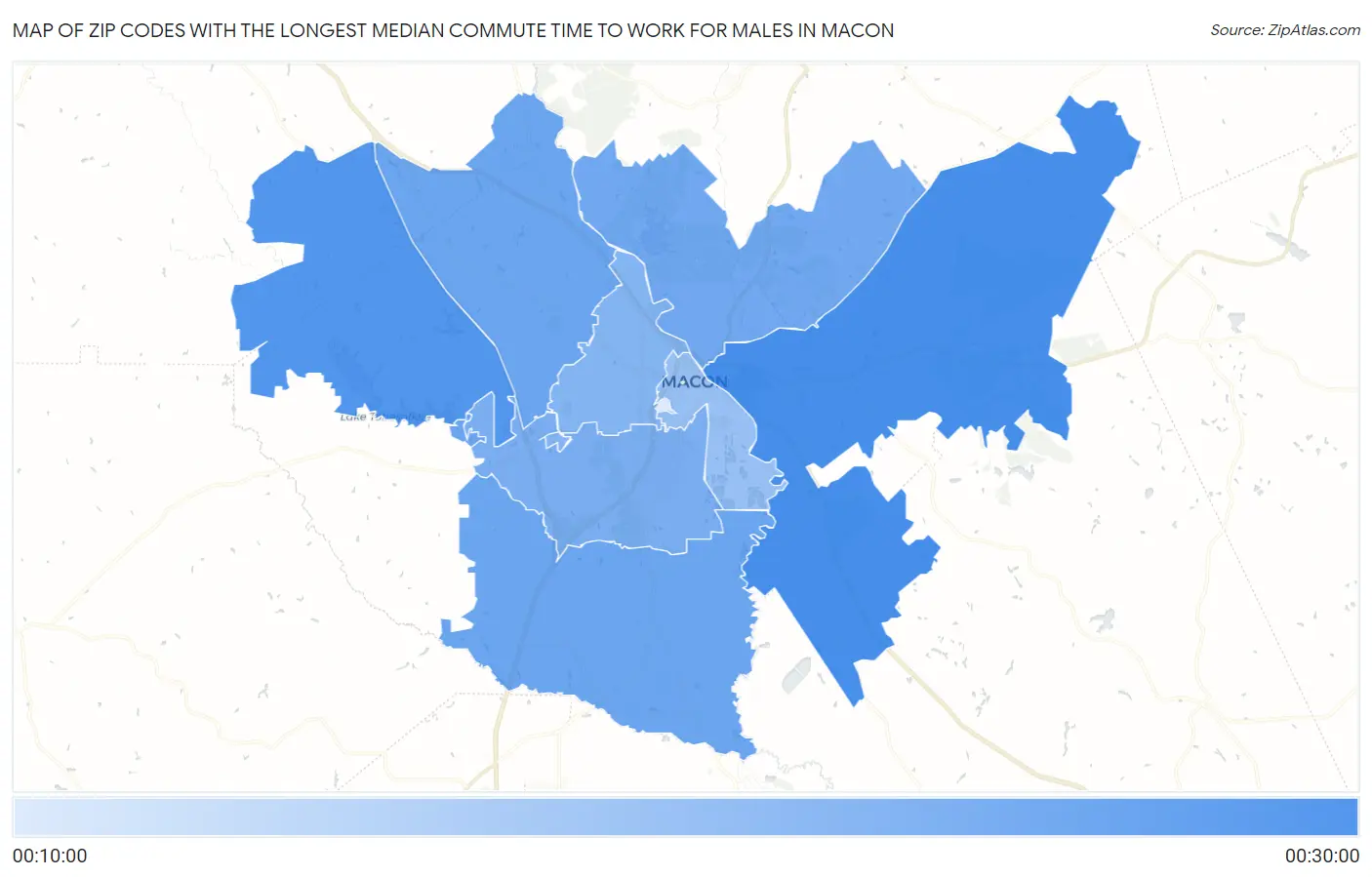 Zip Codes with the Longest Median Commute Time to Work for Males in Macon Map