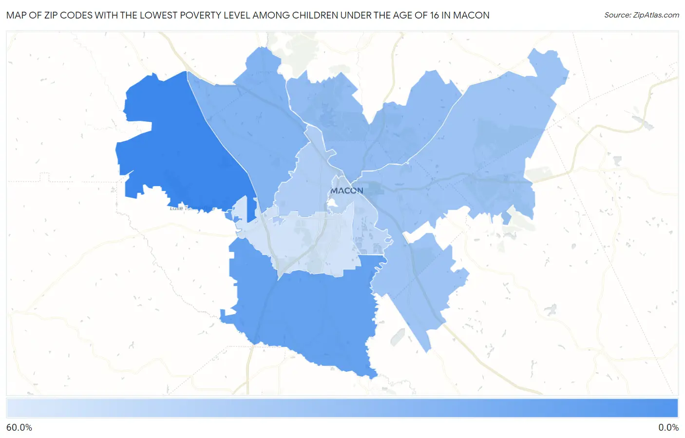 Zip Codes with the Lowest Poverty Level Among Children Under the Age of 16 in Macon Map