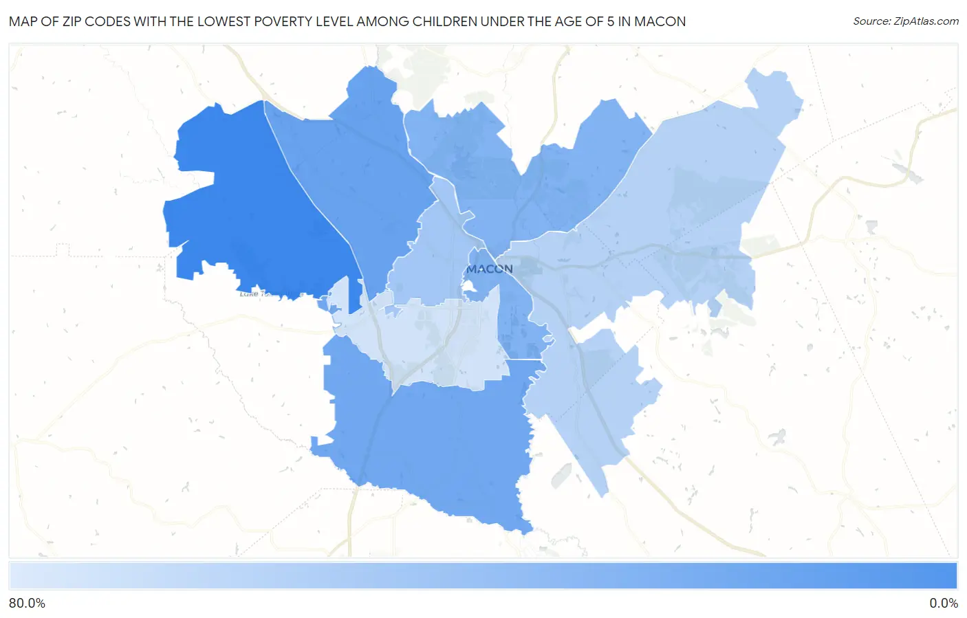 Zip Codes with the Lowest Poverty Level Among Children Under the Age of 5 in Macon Map