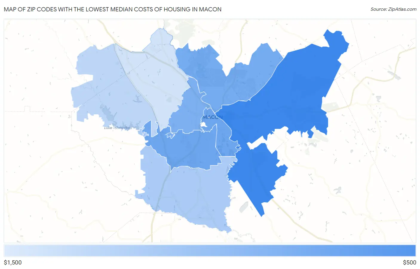 Zip Codes with the Lowest Median Costs of Housing in Macon Map