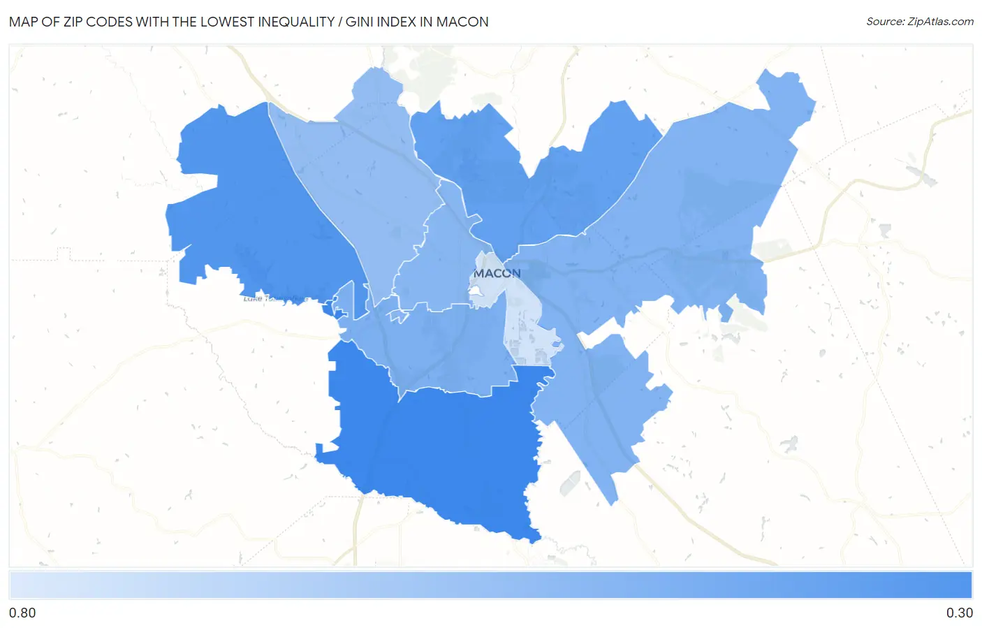 Zip Codes with the Lowest Inequality / Gini Index in Macon Map