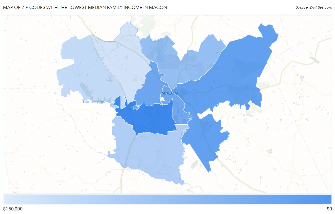 Zip Codes with the Lowest Median Family Income in Macon Map