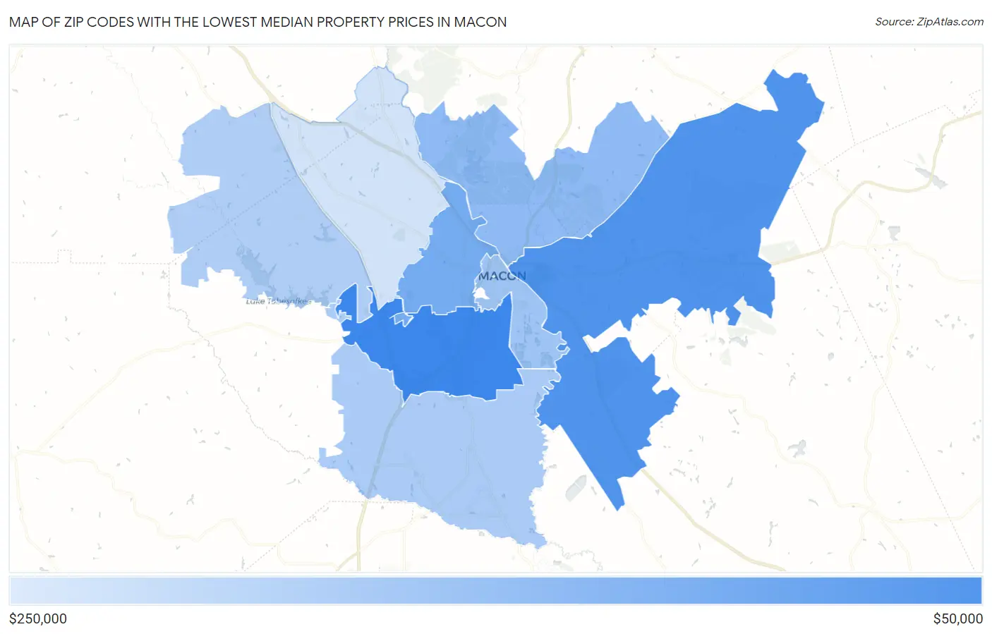 Zip Codes with the Lowest Median Property Prices in Macon Map
