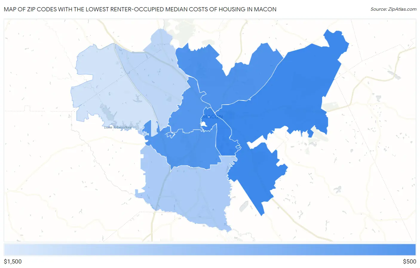 Zip Codes with the Lowest Renter-Occupied Median Costs of Housing in Macon Map