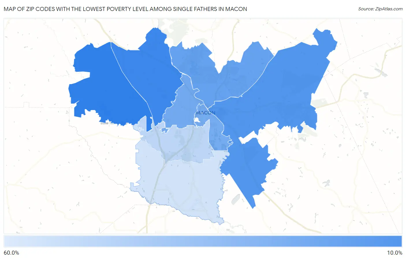 Zip Codes with the Lowest Poverty Level Among Single Fathers in Macon Map