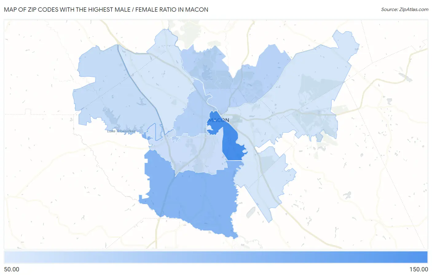Zip Codes with the Highest Male / Female Ratio in Macon Map