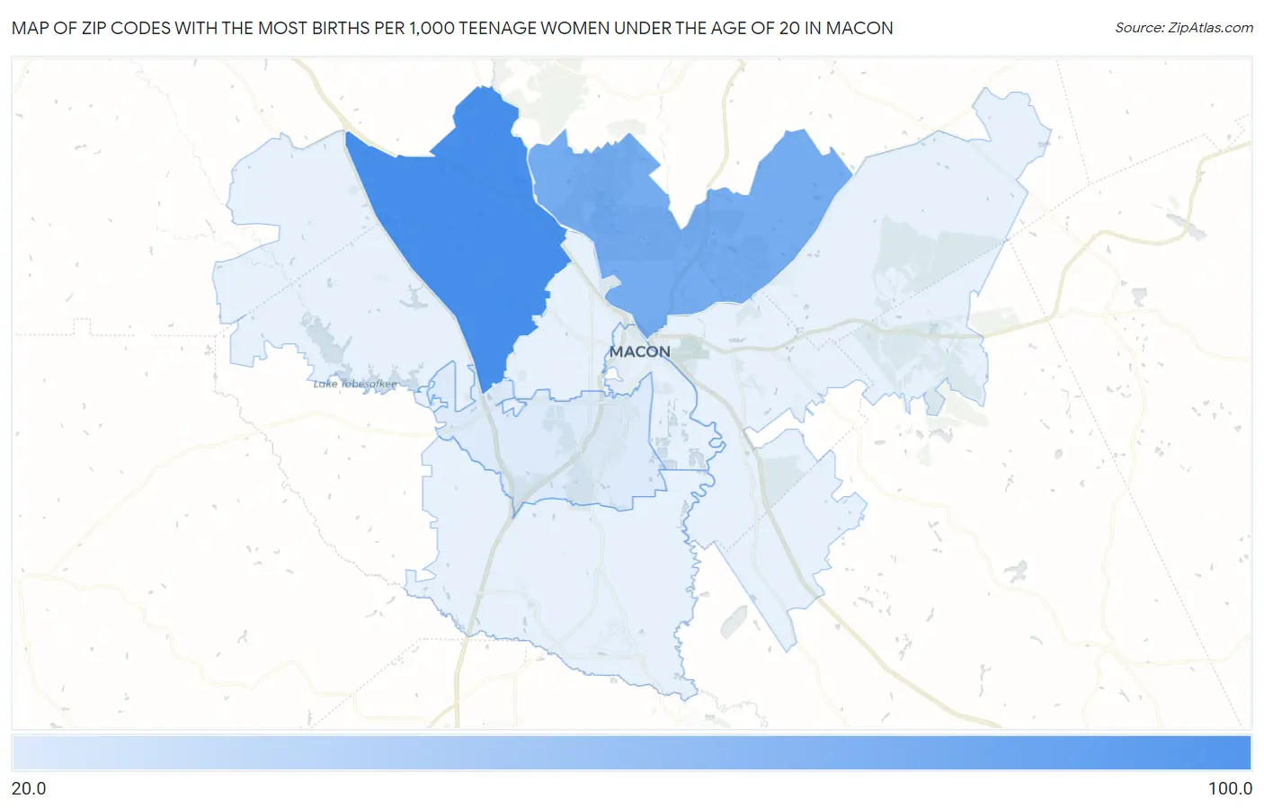 Zip Codes with the Most Births per 1,000 Teenage Women Under the Age of 20 in Macon Map
