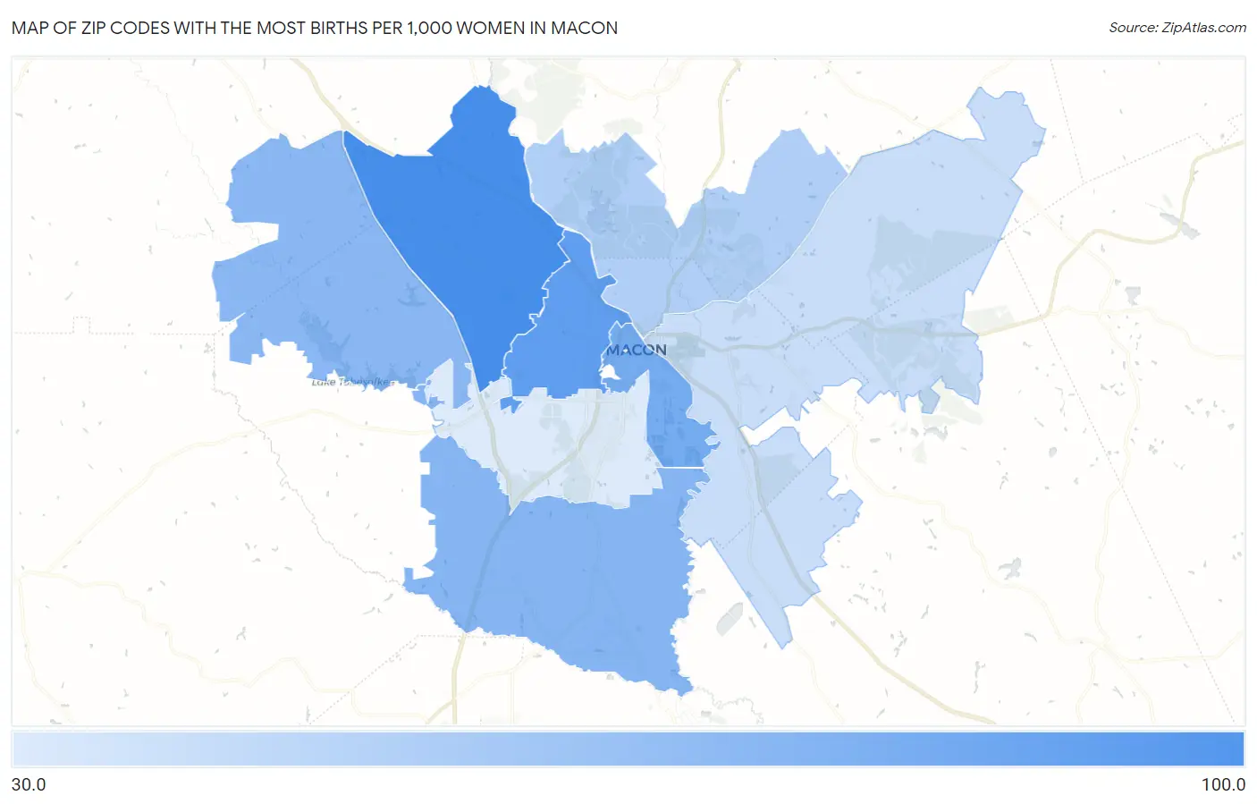 Zip Codes with the Most Births per 1,000 Women in Macon Map