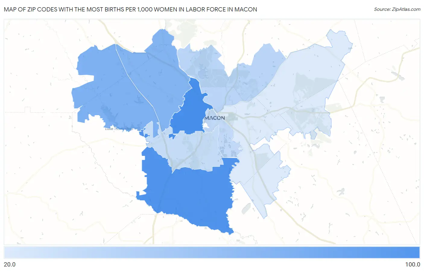 Zip Codes with the Most Births per 1,000 Women in Labor Force in Macon Map