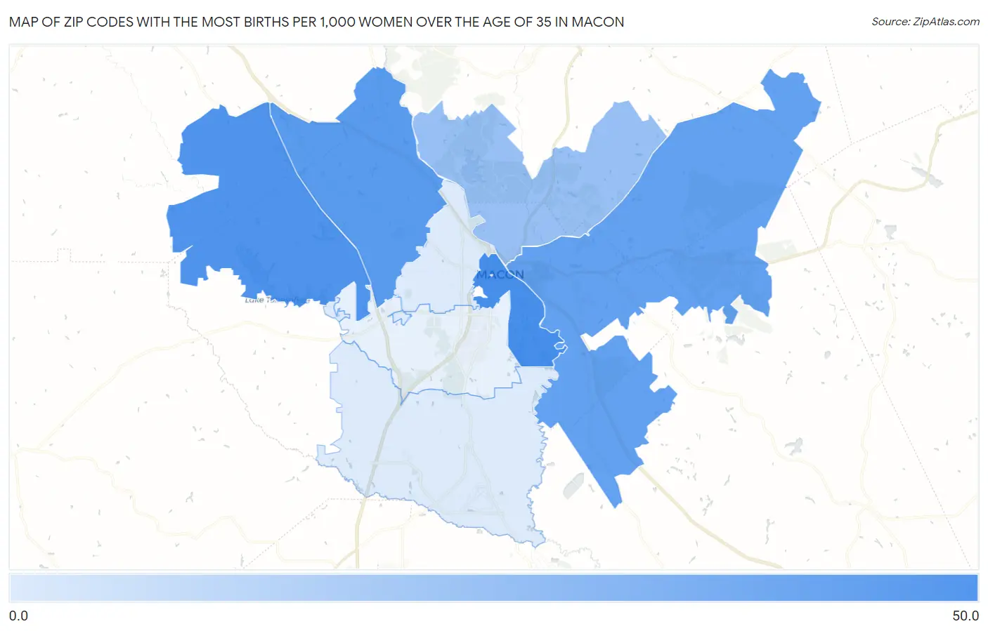 Zip Codes with the Most Births per 1,000 Women Over the Age of 35 in Macon Map